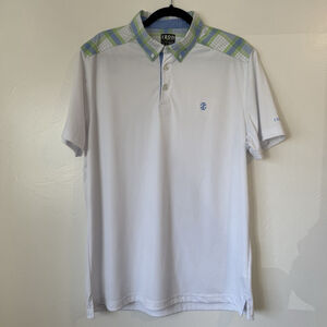 Men’s Izod Breathable Short Sleeve Golf Polo White & Plaid Size Large